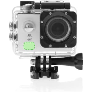 A compact action camera in a clear waterproof casing, featuring a lens, buttons, and a mounting base.
