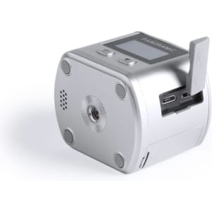 A silver 360° action camera with a screen and USB ports, featuring a logo on the side.