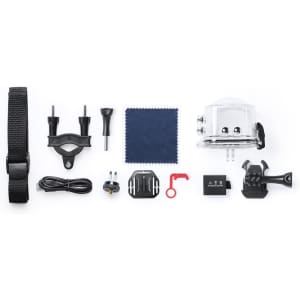A collection of accessories for a 360° action camera, including straps, mounts, a battery, and a cleaning cloth.