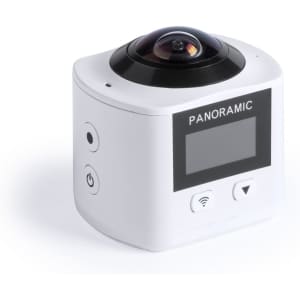 A white 360° action camera with a spherical lens, featuring a display and control buttons.