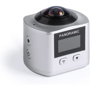 A silver 360° action camera with controls and a display, featuring a round lens at the top.