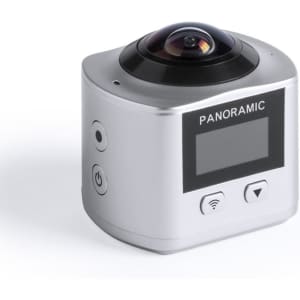 A 360° action camera in silver, featuring a rounded lens and a small display, with buttons on the side.
