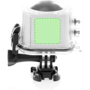 A 360° action camera in a clear protective case, featuring a black base and control buttons.