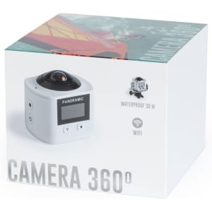 A box containing the Logans Action Camera 360°, featuring a white design and waterproof capability, with a logo.