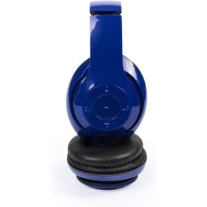 A pair of blue Legolax headphones rests on a black cushioned base, featuring a sleek design and a logo.