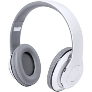 A pair of white headphones with grey ear cups, featuring a minimalist design and a visible logo.