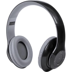 Black and grey headphones with padded earcups and an adjustable headband. Features a logo on the side.