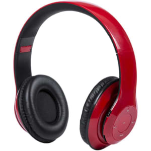 A pair of red headphones with cushioned ear pads and a sleek design, featuring a logo on the side.