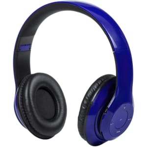 A pair of blue headphones with black cushioned ear cups and controls on the side, featuring a sleek design.