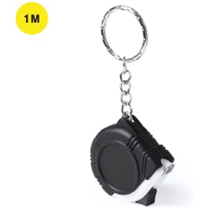 A black and white 1m tape measure attached to a keyring, featuring a circular design and a metal chain.