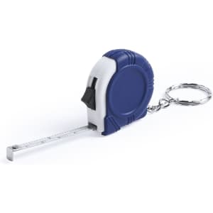 A blue and white 1m tape measure with a keyring attachment.