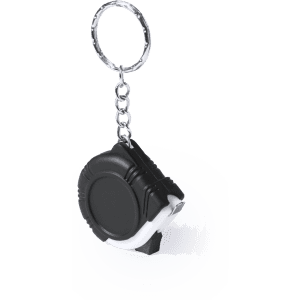 A black and white tape measure attached to a keychain. It features a circular design and a metal ring.