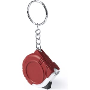 A red and white tape measure on a keychain. It features a metallic keyring for attachment.