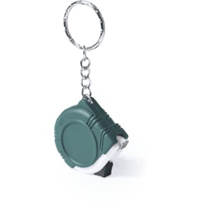 A teal tape measure with a silver keyring attached, compact and portable.