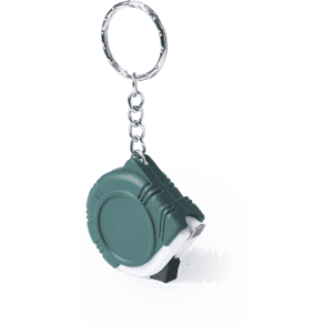 A green tape measure attached to a silver keyring. The tape has a compact design and is easily portable.