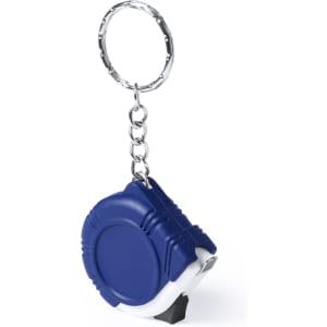 A blue tape measure with a keychain attachment, featuring a round design.