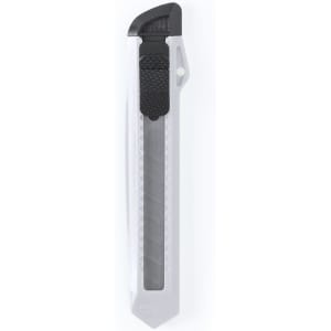 A grey utility cutter with a black handle and a textured grip, featuring a retractable blade mechanism.