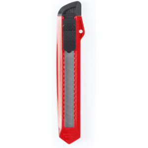 A red utility cutter with a textured grip and a retractable blade. It features a black accent and has a branding logo.