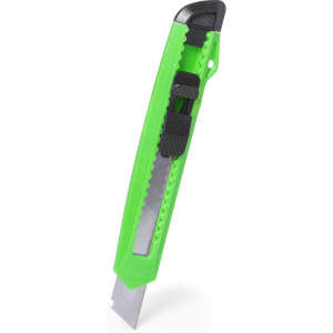 A green utility knife with a retractable blade and a safety lock mechanism. It features a textured grip for handling.