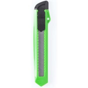 A green utility cutter features a retractable blade and a textured grip for better handling. It also has a branding logo.