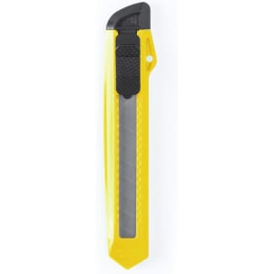 A yellow utility knife with a black grip, featuring a retractable blade and a branding logo.
