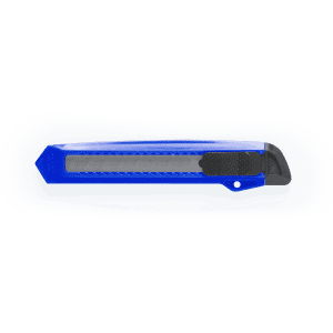 A blue utility knife with a retractable blade and a black grip, featuring a logo on the side.