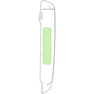A sleek utility cutter with a green accent, featuring a retractable blade and a smooth design. It has a branding logo.