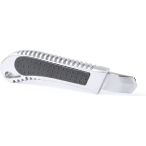 A metal utility knife with a textured black grip and silver blade. It features a logo on the handle.