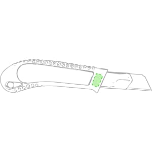 A utility knife with a grey handle and a retractable blade, featuring a textured grip and a logo.