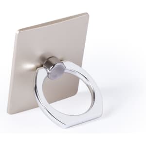A silver phone holder with a square backing in a light metallic shade, featuring a circular grip for easy handling.
