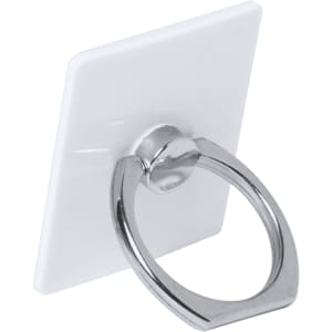 A square white phone holder with a chrome ring on the back for grip and support.