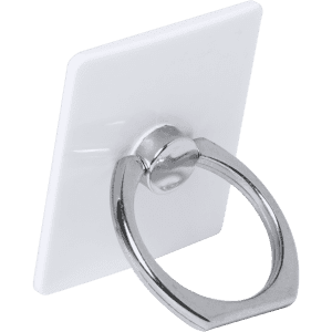 A white phone holder with a chrome ring for secure grip and stand functionality.