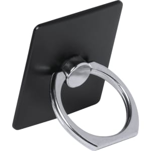 A black phone holder with a silver ring attachment. It has a square shape and includes a branding logo.