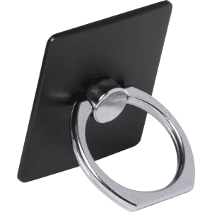 A phone holder in black with a circular metal ring for easy grip. Features a logo on the back.