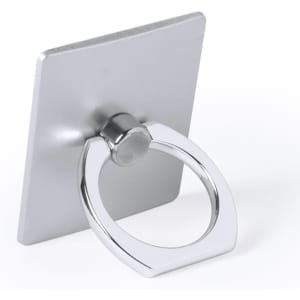 A silver phone holder with a metallic ring stand, featuring a square backing and a polished finish.