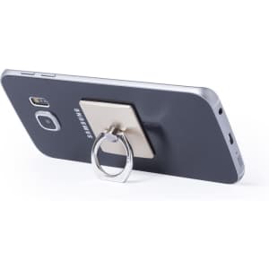 A smartphone in black with a metallic ring holder attached to the back, featuring a smooth surface and branding.