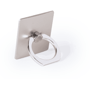 A square phone holder in silver with a metal ring attachment for secure grip. Features a smooth surface and branding.