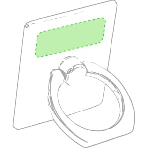 A phone holder featuring a metallic ring and a rectangular backing. The backing has a light green outline and a logo.