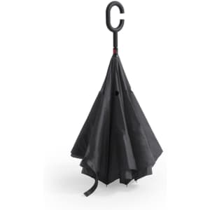 A black reversible umbrella with a curved handle and a slight opening at the top, featuring a logo.