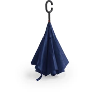 A navy blue reversible umbrella featuring a curved handle and a logo.