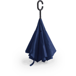 A navy blue reversible umbrella with a curved handle, featuring a logo on the fabric.