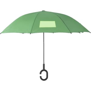 A green reversible umbrella with a black handle, featuring a logo on the canopy.