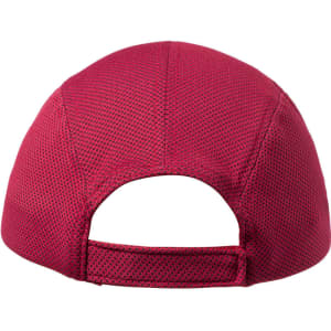 A red mesh cap featuring a rear adjustable strap and a logo on the back.
