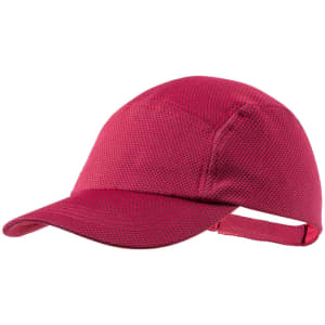 A red cap with a mesh design and an adjustable strap at the back. It features a logo on the front.