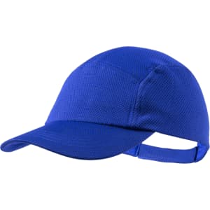 A blue cap with a curved peak and a mesh design, featuring a strap at the back and a logo on the side.