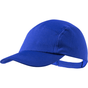 A blue cap featuring a mesh design and an adjustable strap, with a curved brim and a branded logo.