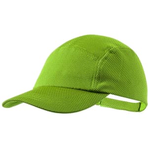 A bright green cap featuring a mesh design and a curved brim, with an adjustable strap at the back.