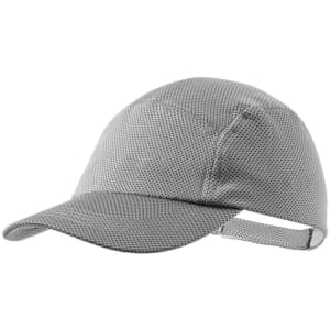 A grey cap with a textured pattern and an adjustable strap at the back, featuring a logo.