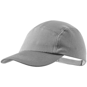 A grey cap featuring a dotted texture and a strap at the back. It has a logo on the front.