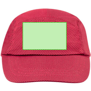 A red cap with a textured surface and a blank area for customisation. It features a logo on the front.